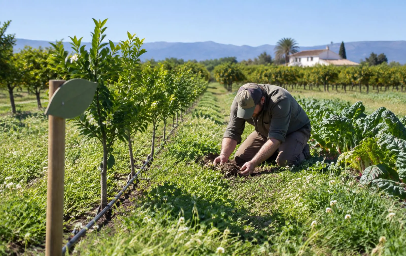 Parcela de producción ecológica con hileras de cultivo, cubierta vegetal entre las filas y una persona revisando el suelo