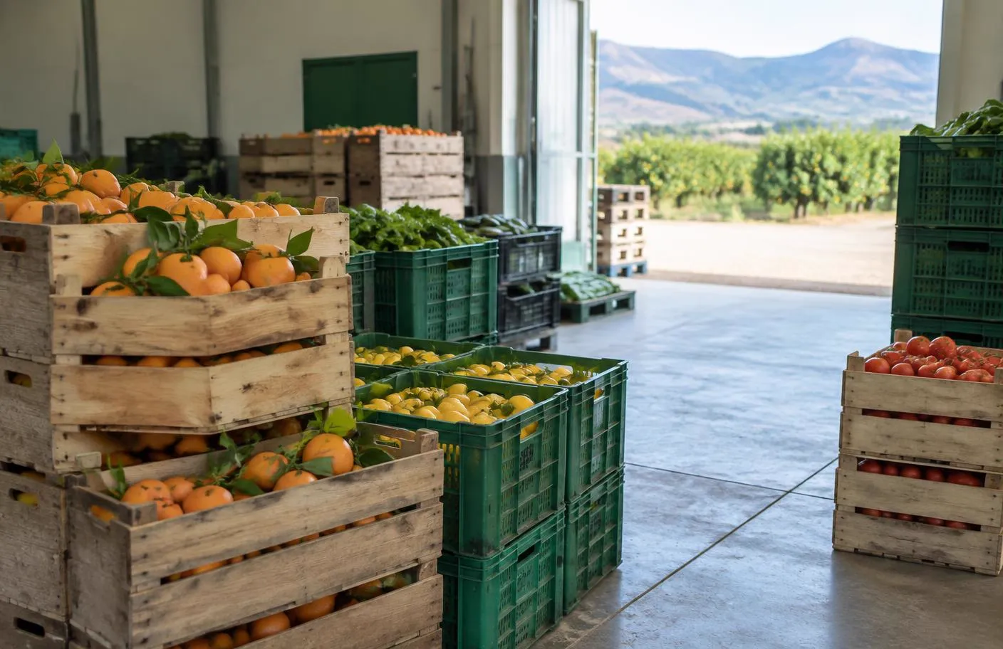Cajas de fruta y hortaliza recién recolectada preparadas para su transporte y almacenaje en una nave de manipulado