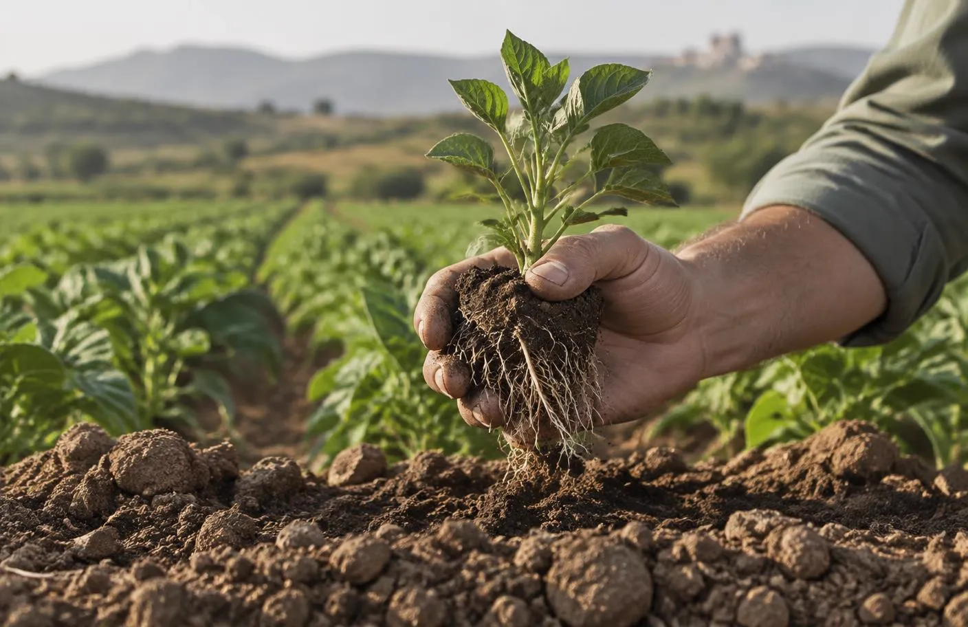 Manos sosteniendo una planta extraída del suelo para analizar el desarrollo de las raíces y la estructura de la tierra en campo