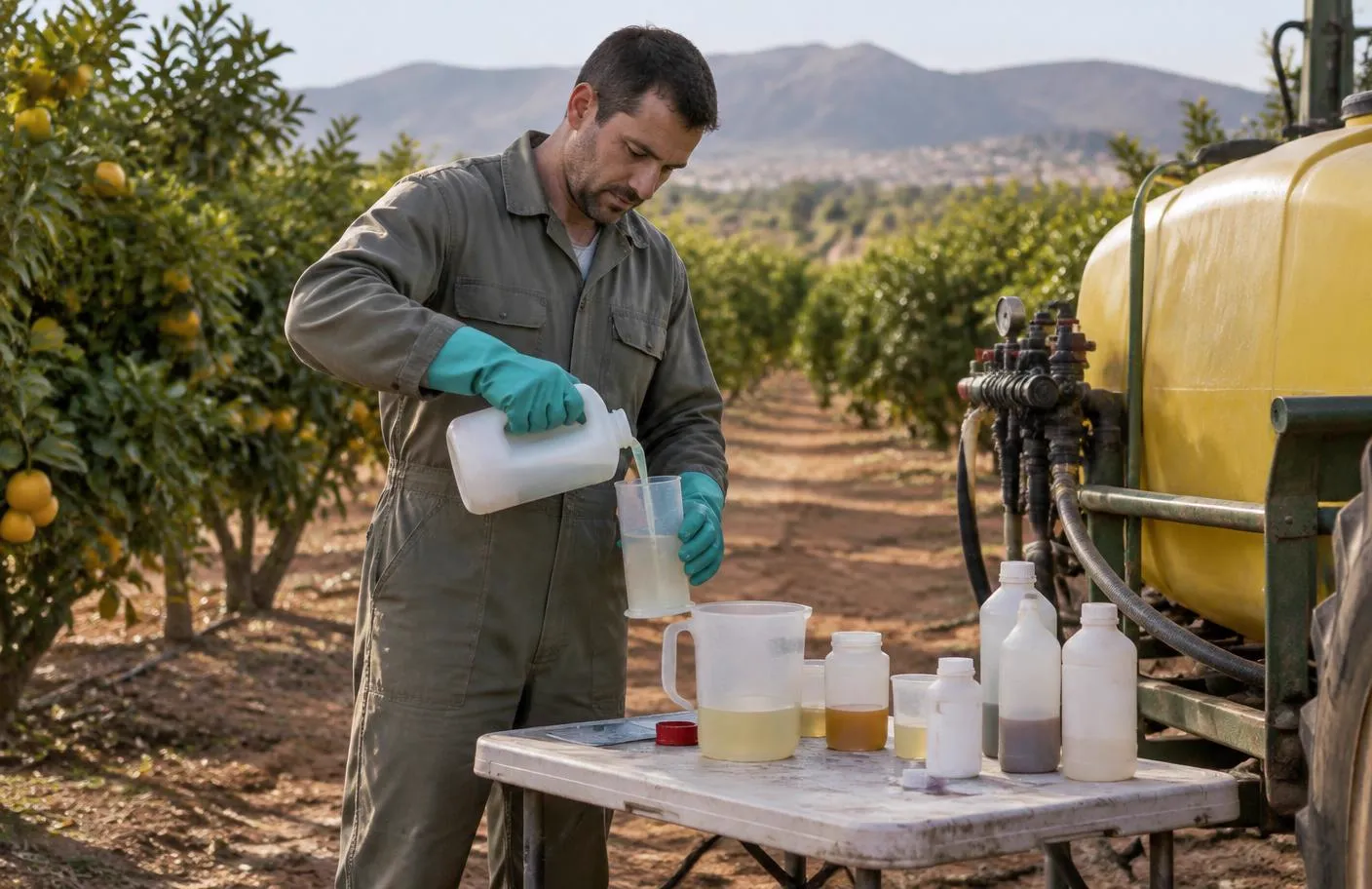 Preparación de una mezcla en campo: vasos de ensayo con productos líquidos transparentes junto al depósito del pulverizador, con las mangueras del equipo de aplicación y filas de árboles frutales al fondo